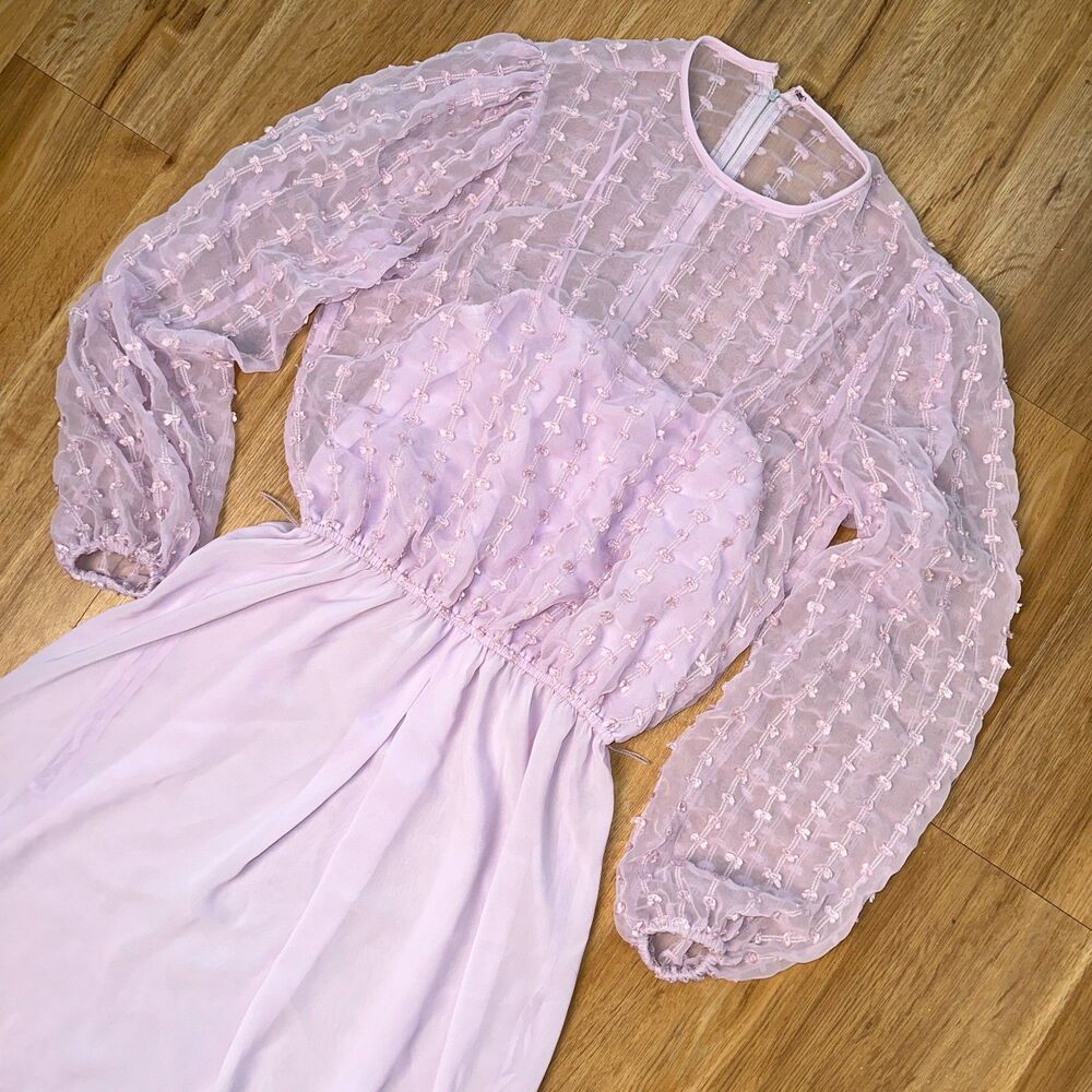 70s Vntg Sheer Puffy Sleeve Lavender Dress - sz sm / med